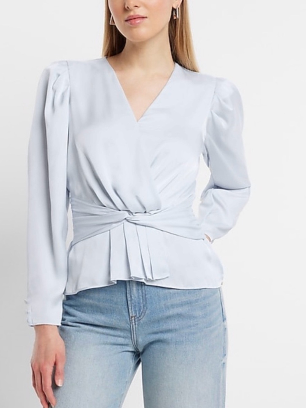 NWT Express XL Satin V-Neck Twist Front Peplum Halogen Baby Blue Top XL